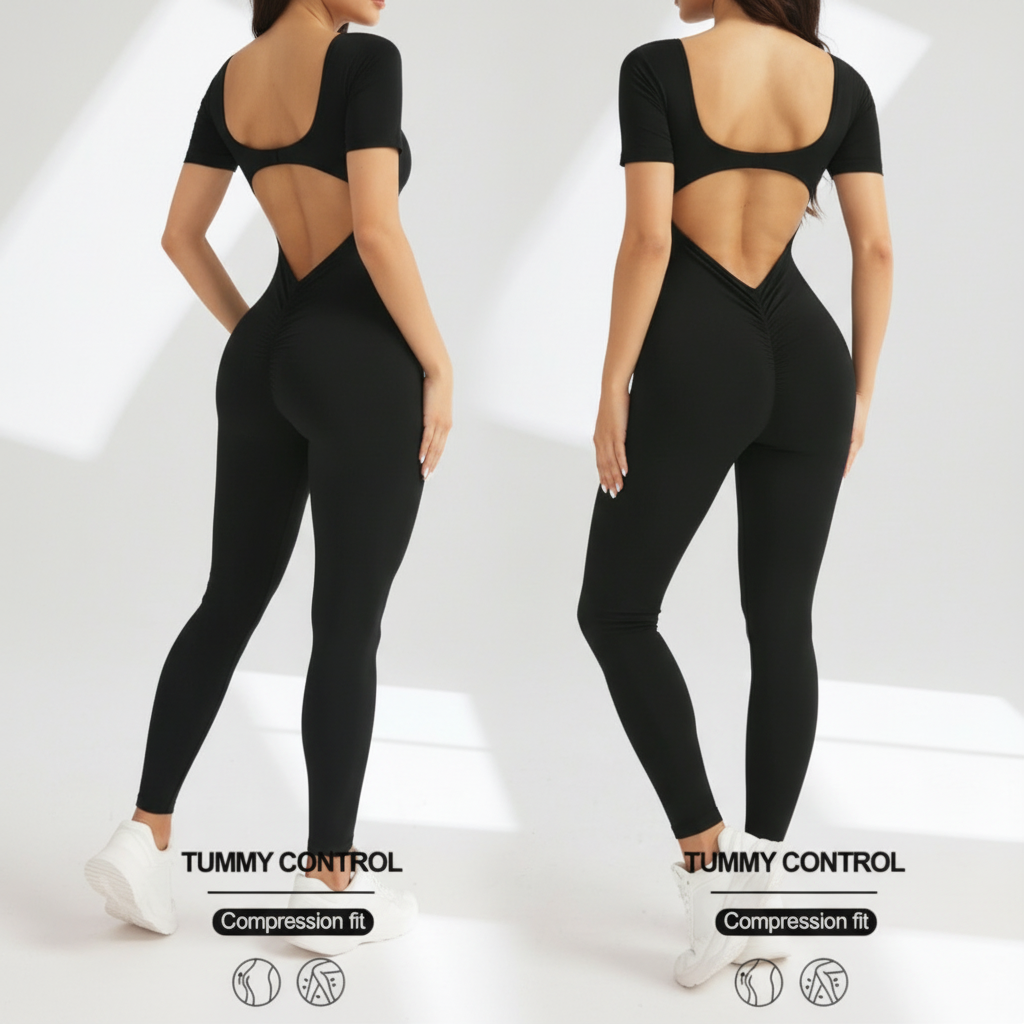 One piece seamless spandex U-neck short sleeved bodysuit with hip lifting, gym clothing, women's fitness jumpsuit