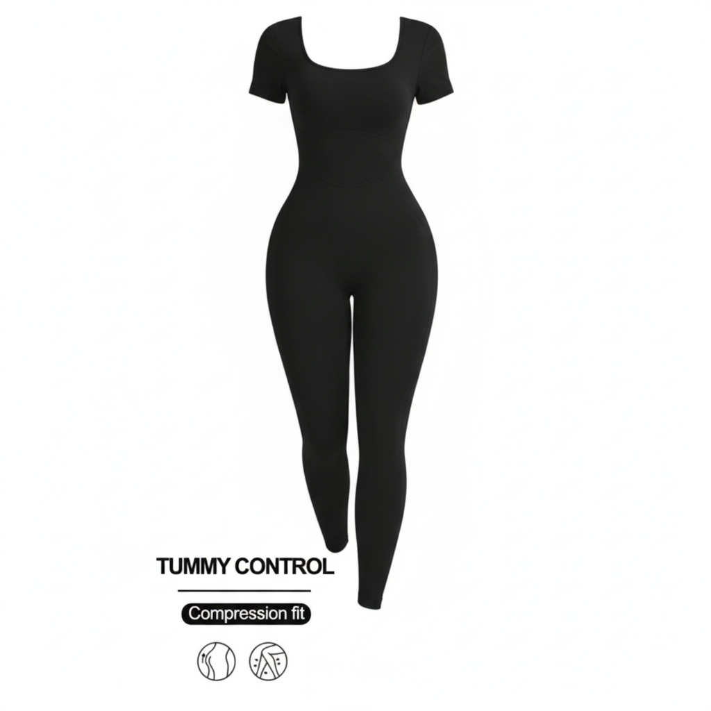 One piece seamless spandex U-neck short sleeved bodysuit with hip lifting, gym clothing, women's fitness jumpsuit