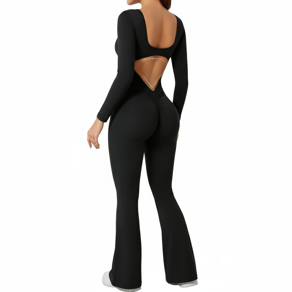 High quality solid color long sleeved compression exercise jumpsuit women's sportswear bell bottom pants sexy push up yoga set