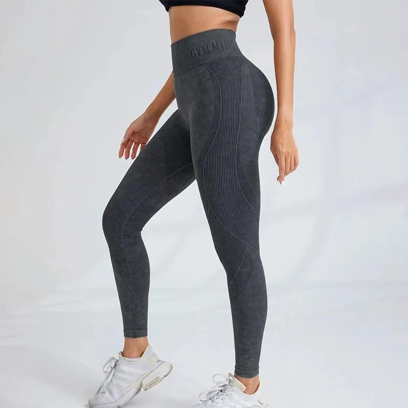 Women Seamless Gym High Waist Yoga Pants Hip Lifting Outdoor Sports Tight Waist Letter Sand Washed Pants Exercise Yoga Leggings