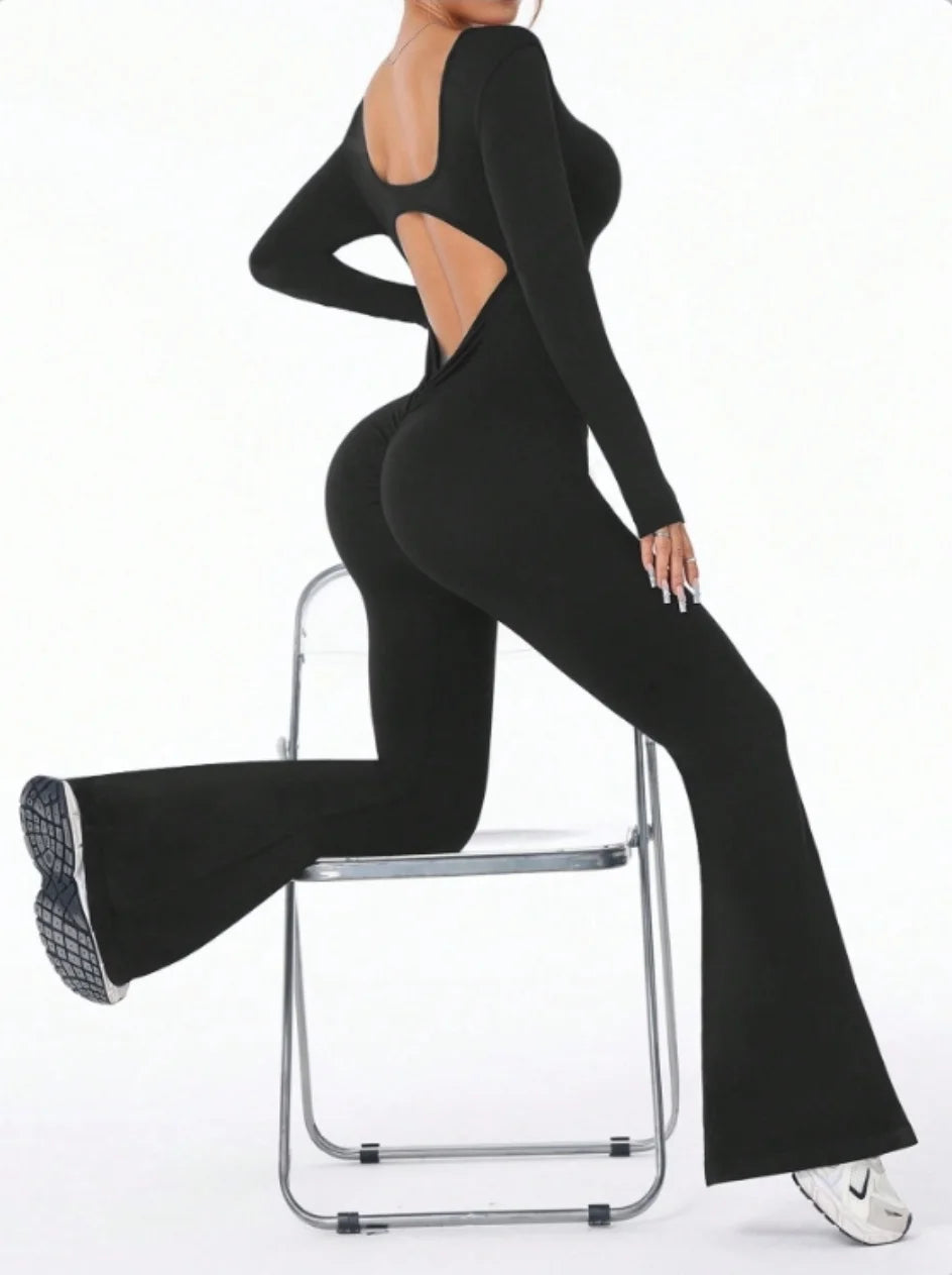 High quality solid color long sleeved compression exercise jumpsuit women's sportswear bell bottom pants sexy push up yoga set