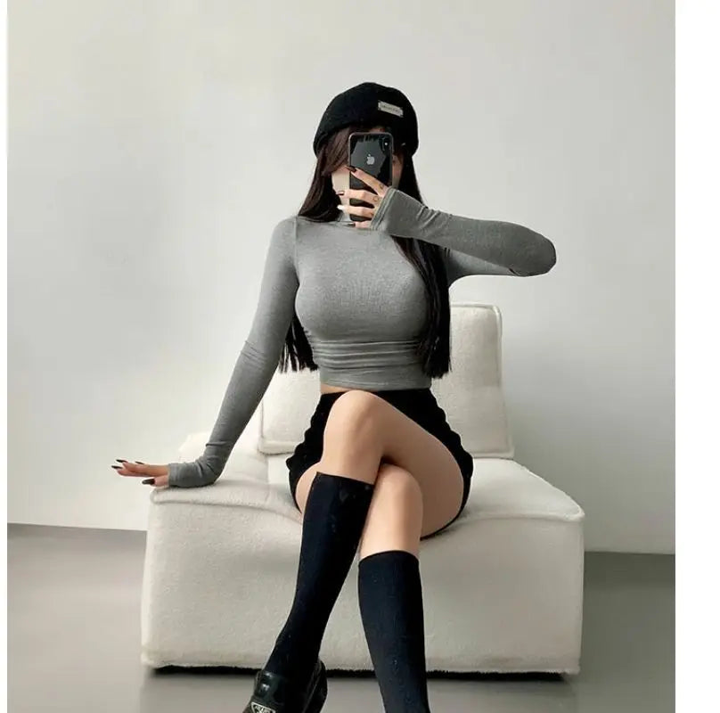 Womens Long Sleeve Turtleneck T Shirts Ribbed Tight Knit Sexy Slim Fitted Casual Women's Basic Crop Tops Cropped T-Shirt