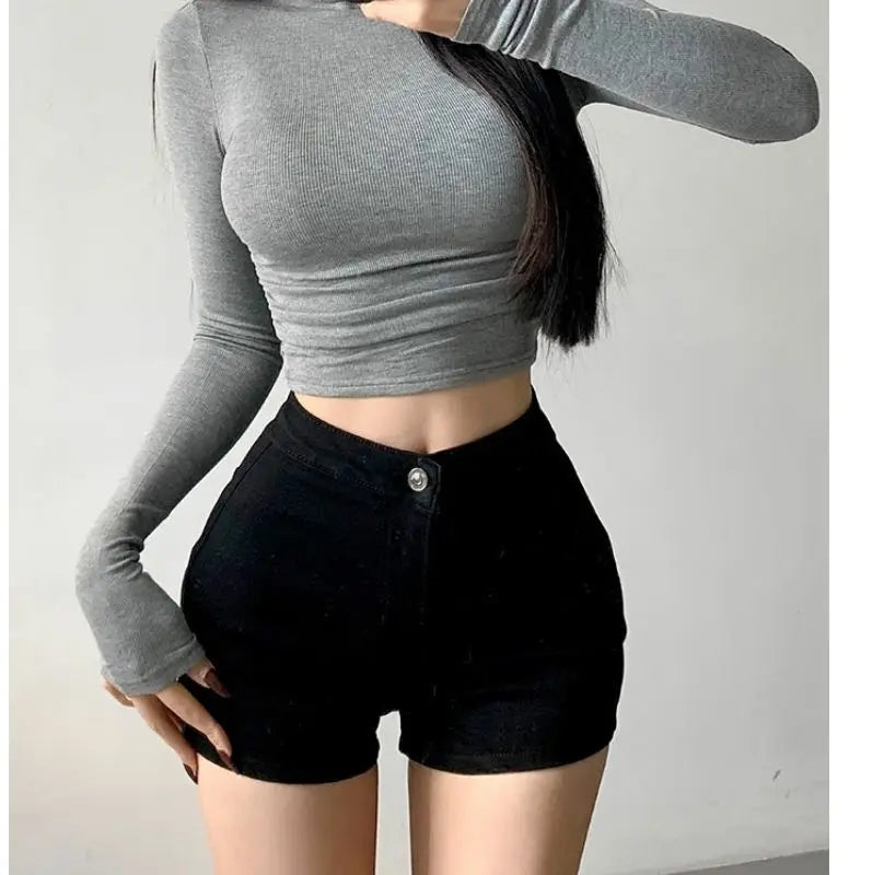 Womens Long Sleeve Turtleneck T Shirts Ribbed Tight Knit Sexy Slim Fitted Casual Women's Basic Crop Tops Cropped T-Shirt