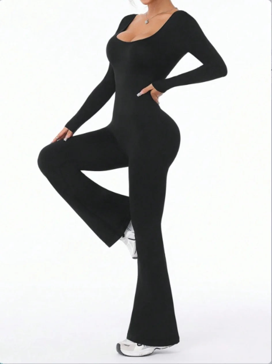 High quality solid color long sleeved compression exercise jumpsuit women's sportswear bell bottom pants sexy push up yoga set