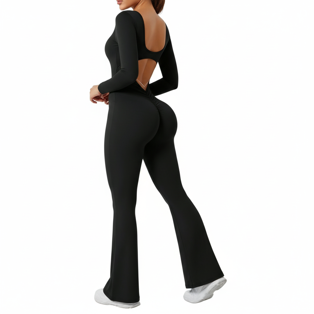 High quality solid color long sleeved compression exercise jumpsuit women's sportswear bell bottom pants sexy push up yoga set