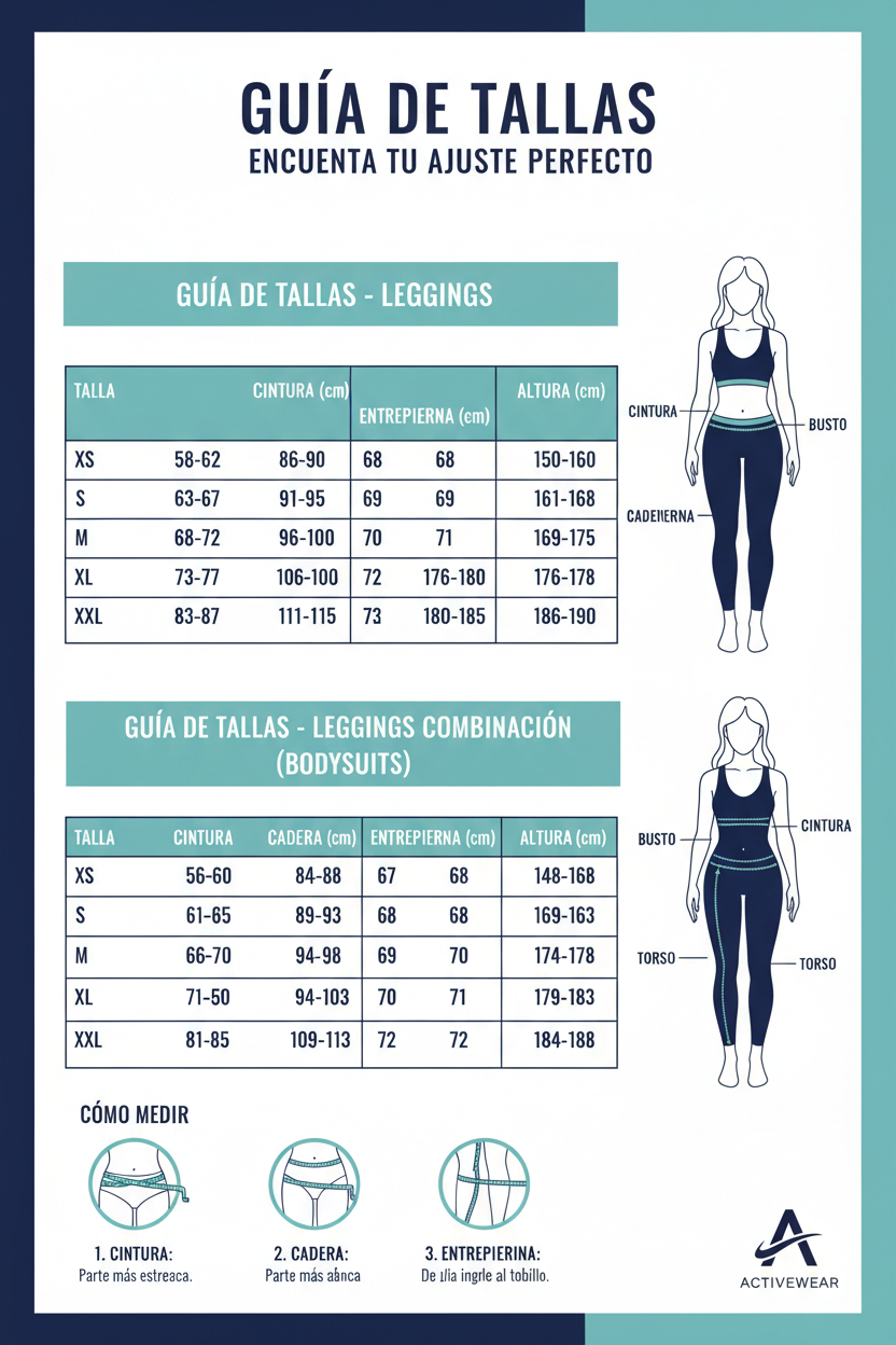 génére moi un guide de taille complet pour leggings et leggings combinaison tous e crit en espagne. et fait un designe facile à lire et designe plutot accrocheur 