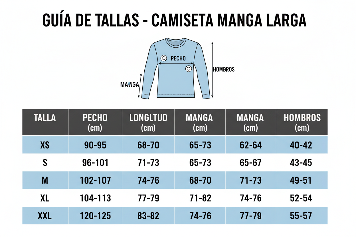 génére moi un guide de taille complet pour tshirt manche longue  tous ecrit en espagne. et fait un designe facile à lire et designe plutot accrocheur 