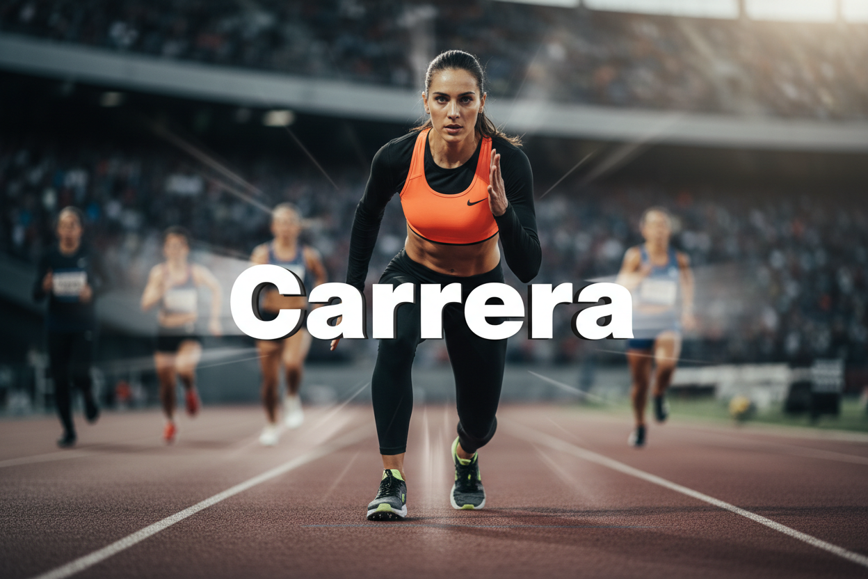 génère une femme qui s'apprête  à courir en plein milieu de limage ecrit en blanc Course en espagnole 