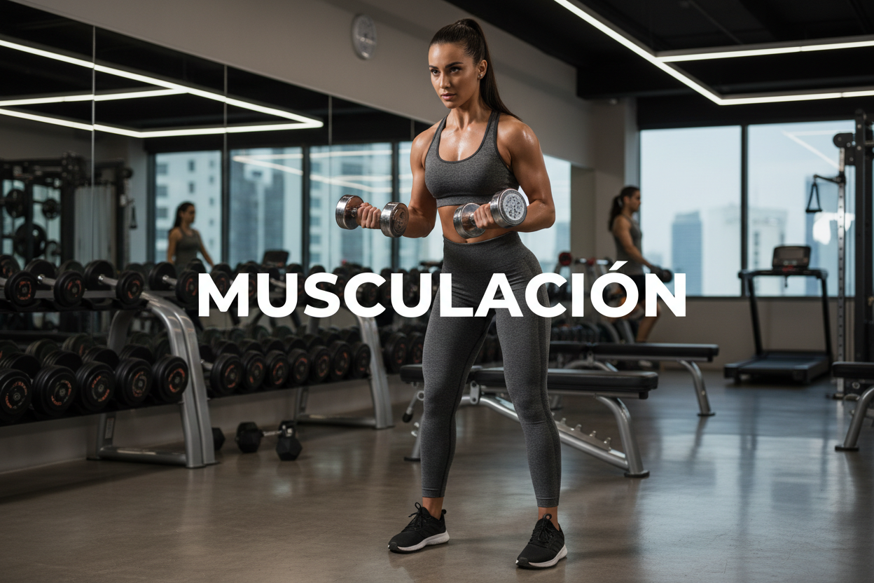genere une femme en legging qui fait de la musculation et ecrit en blanc au milieu de limage Musculation en espagnole 