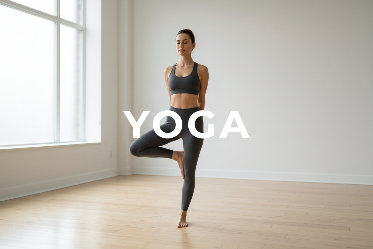 une femme qui fais du yoga avec un legging puis ecrit en italien yoga en blanc au milieu ecriture basique 